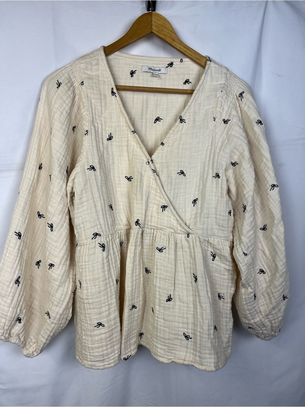 Madewell Lightspun Peplum Faux Wrap Top Tiny Bows Women Cream Puff Sleeve Sz XS